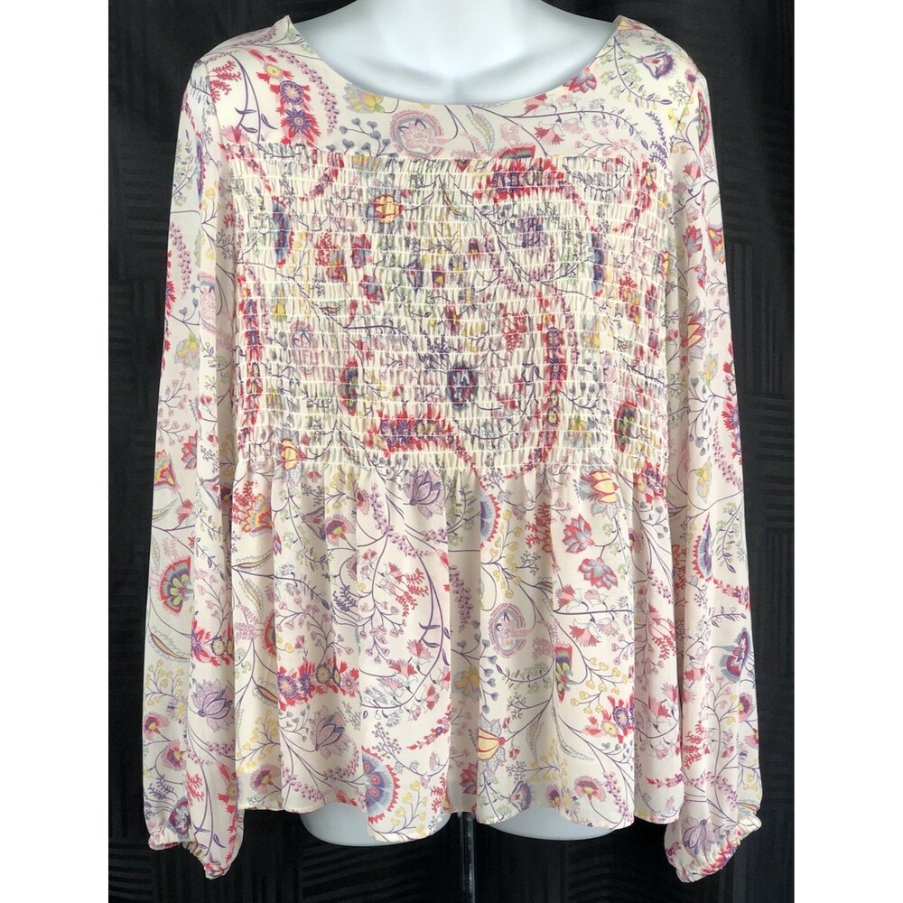 Rose Olive Smocked Chiffon Top M Ivory Floral Flowy Peasant Boho Fairy Ditsy